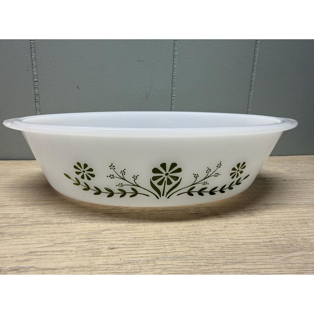 Vintage Glasbake Jeannette Green Daisy 1 Qt Casserole Dish